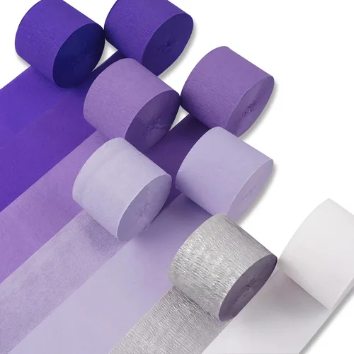 PartyWoo Serpentinas de papel crepé morado, 8 unidades, 656 pies, paquete de serpentinas de papel crepé color morado oscuro claro, lavanda, blanco y