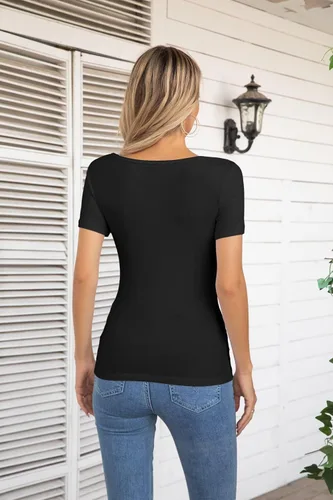 Miniatura 4 de VICHYIE Camisas de verano para mujer, cuello redondo, manga corta, acanaladas, ajustadas, casuales, básicas