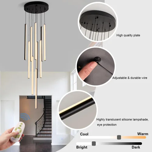 Miniatura 5 de HuisMier Candelabro LED Moderno, 10 Luces Lámpara Colgante Lineal Regulable Negra con Control Remoto, Candelabro para Techo Alto Altura Ajustable