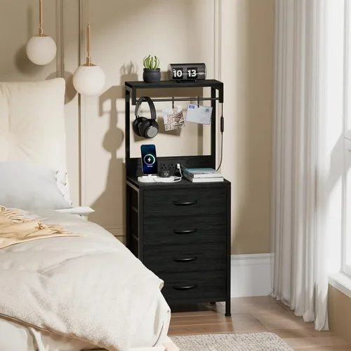 Miniatura 9 de Furnulem Mesita de noche alta con estación de carga, mesitas de noche con luces LED y estantes de almacenamiento, mesa auxiliar de cama para Roble