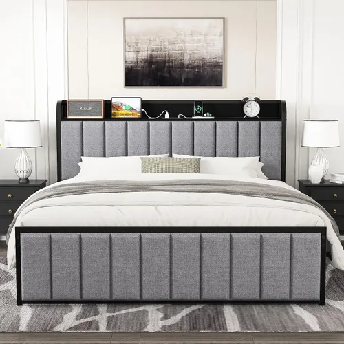 VECELO Queen Bed Frame, Storage Upholstered Headboard with Charging Station, Platform Bedframe, Heavy Duty Metal Slats, No Box Spring Needed,