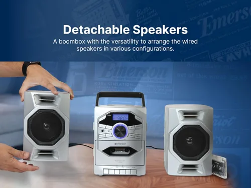 Miniatura 9 de Emerson Reproductor de CD portátil Boombox con reproductor de cassette, grabadora de cinta, radio AM/FM, entrada AUX, altavoces desmontables