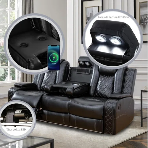 Miniatura 2 de Juego de sillón reclinable eléctrico con luces LED, juego reclinable de cuero Air con puerto USB/cargador inalámbrico/consola de Negro