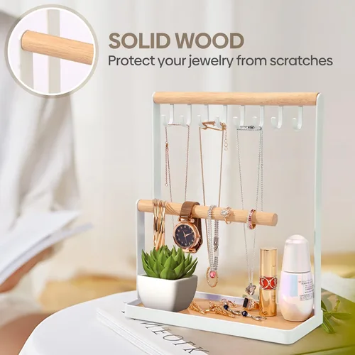 Miniatura 5 de Portin Organizador de joyas con bandeja de anillos de madera y ganchos almacenamiento de collares pulseras anillos relojes organizador de escritorio