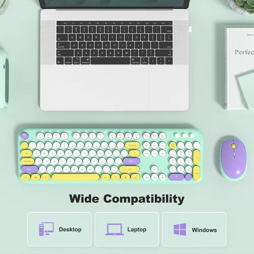 Miniatura 139 de KNOWSQT Combo de teclado y ratón inalámbrico, teclados lindos de tamaño completo estilo máquina de escribir 2.4G azul colorido - receptor USB Plug