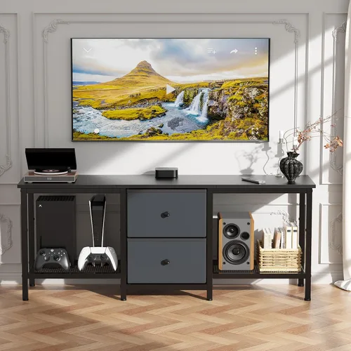 Miniatura 5 de Soporte de TV adecuado para televisores de hasta 55 pulgadas, centro de entretenimiento con cajones y estantes de almacenamiento, mesa consola Negro