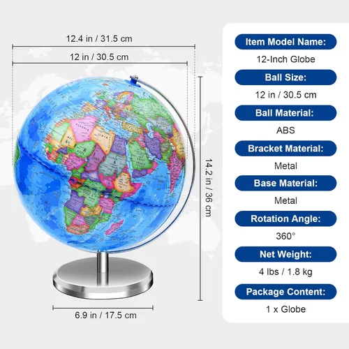 Miniatura 2 de Globo mundial para niños y adultos, mapa educativo giratorio de 12 pulgadas con soporte, globos interactivos autoensamblados para el aprendizaje