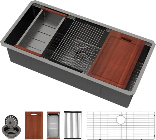 Miniatura 41 de Sarlai 33 Fregadero de Cocina Empotrado - Fregadero de 33 x 19 Pulgadas Bajo Encimera Estación de Trabajo de Profundidad Sencillo Tazón 16 Calibre