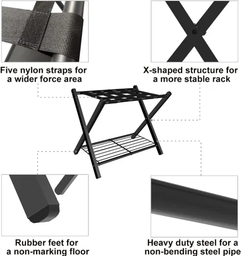 Miniatura 3 de Portaequipajes plegable para habitación de invitados, soporte plegable de metal para maleta con estante de metal para dormitorio, negro, paquete de 1