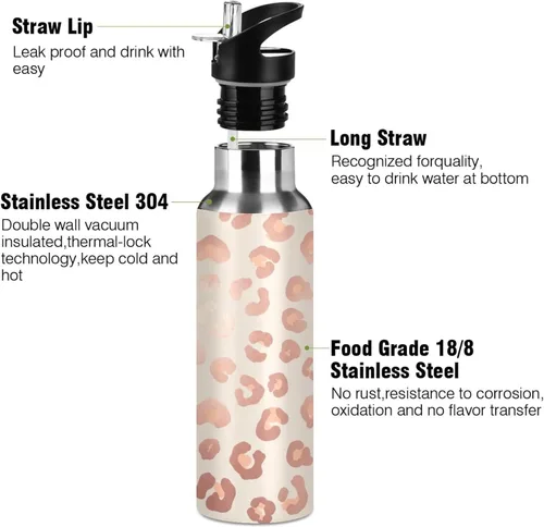 Miniatura 3 de Insulated Water Bottle 20 Oz, Leakproof Water Bottles for Gym Outdoor Travel School, Rose Gold Leopard Spots Beige
