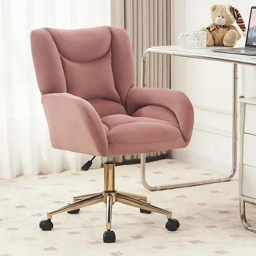 Miniatura 15 de Silla de oficina moderna de terciopelo con base dorada, altura ajustable y giro de 360°, silla de escritorio suave y cómoda con brazos y ruedas