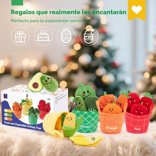 Miniatura 9 de Hahaland Juguetes sensoriales para bebés - 16 piezas Mi primera fruta Verdura Clasificación de color de alimentos de juego crujiente, sonajero