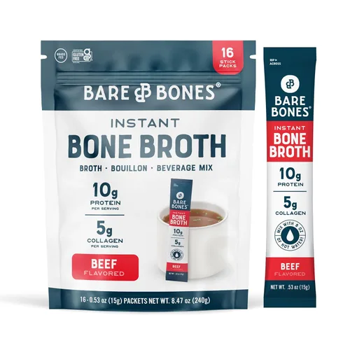 Mezcla instantánea Bare Bones de caldo de huesos, de huesos, de res, 10gr de proteína, apto para dieta Keto y Paleo, sobres en barras de 0.53 oz (15