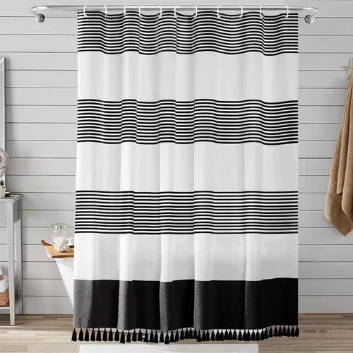 bufftieo Cortina de ducha en blanco y negro para baño con diseño bohemia a rayas, cortina de ducha de tela moderna con borlas estilo granjero - 54"
