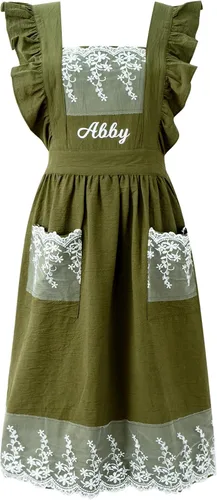 Delantal vintage para mujer con bolsillos, delantales de chef personalizados con nombre para cocina, cocción, hornear, jardinería encaje verde