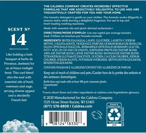 Miniatura 2 de Caldrea Detergente líquido para ropa, eficaz para todas las telas y todas las temperaturas, aroma a salvia azul albahaca, 64 onzas