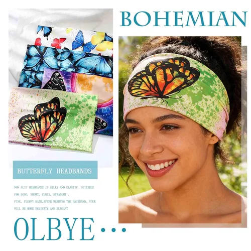 Miniatura 6 de Olbye Diademas anchas bohemias para la cabeza, bandas elásticas con botón de mariposa, bandana, yoga, correr, atlético, turbante, bandas