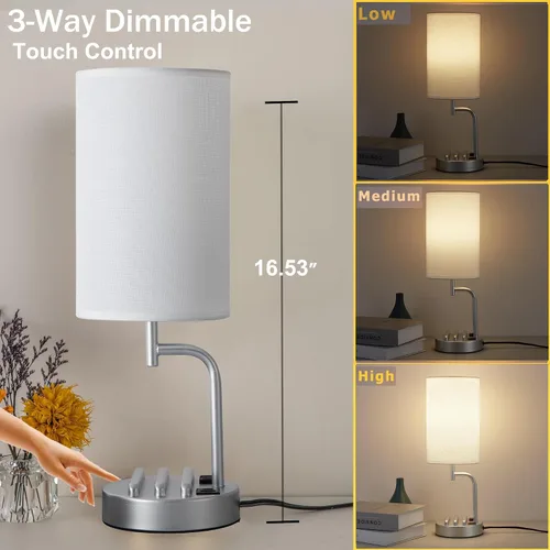 Miniatura 2 de Dreamholder - Lámpara de mesa con control táctil USB, lámpara de noche mejorada de 3 vías regulables con puertos de carga USB C y A y tomacorriente