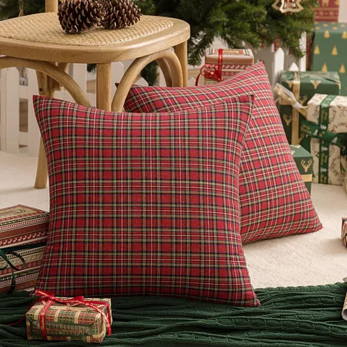 Miniatura 15 de AQOTHES Juego de 2 fundas de almohada decorativas a cuadros de Navidad para decoración rústica de casa, tartán escocés, verde, 22 x 22 pulgadas