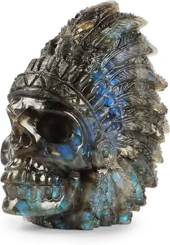 SMQ Estatua de cabeza de calavera india de cristal de labradorita de 2.5 pulgadas, figura de calavera tallada a mano, adorno de piedra curativa de