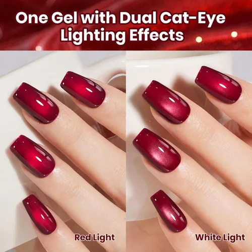 Miniatura 2 de Beetles - Esmalte de uñas de gel de ojo de gato rojo, cereza teñida de vino, 0.5 onzas líquidas, esmalte de gel magnético 2 efectos de ojo de gato