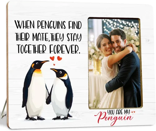 Marco de Fotos de Regalos de Pingüino para Parejas Recién Casados Novios, Marco de Fotos de Regalos para Parejas para Aniversario y Compromiso