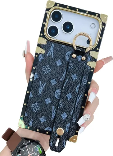 Miniatura 22 de Funda rectangular de cuero compatible con 11 con correa para muñeca, funda de diseñador de lujo para mujeres y niñas, funda protectora con soporte