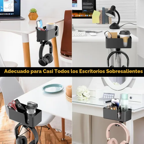 Miniatura 7 de KDD Soporte para tazas de escritorio 4 en 1 - Abrazadera para debajo del escritorio para auriculares - Soporte giratorio para auriculares con Negro