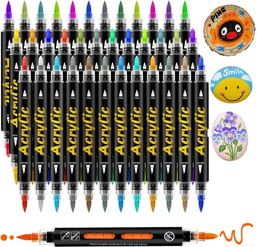 Marcadores de pintura acrílica de doble punta de 36 colores, punta de pincel y punta fina, control automático de tinta, bolígrafos de pintura