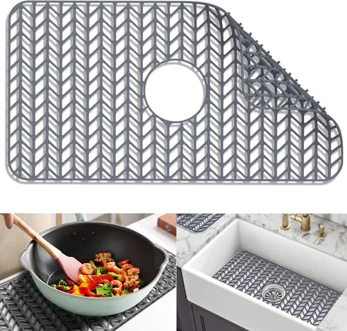 Miniatura 8 de Protectores de fregadero de cocina de 12 x 11 y 13 x 11 pulgadas, protectores de silicona para fregadero de cocina para la parte inferior del Gris