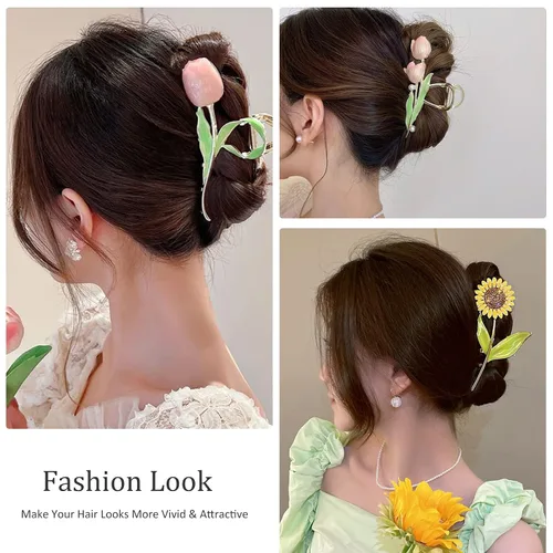 Miniatura 5 de 6 pinzas de metal grandes para el cabello de tulipán, girasol y lirio, pinzas florales antideslizantes para cabello fino y grueso