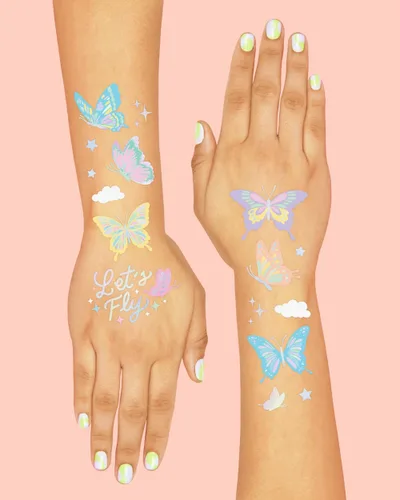 Miniatura 4 de xo, Fetti Tatuajes temporales de mariposa pastel – 70 estilos de aluminio Decoraciones de fiesta de cumpleaños de hadas arco iris, monarcas