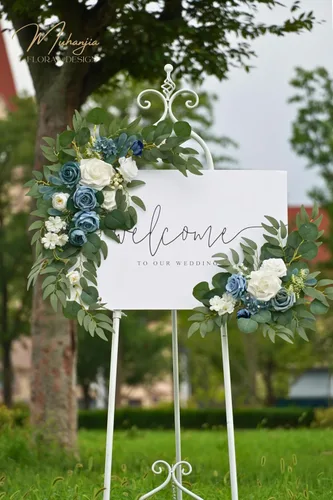 Miniatura 5 de Muhanjia Letrero de boda con estampado de flores sintéticas (paquete de 2) para ceremonia, fiesta, recepción, entrada, decoración floral, caballete