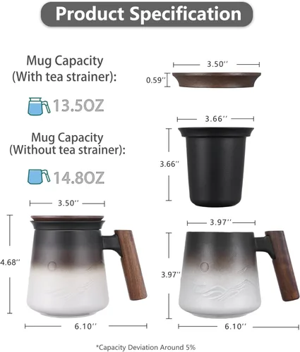 Miniatura 5 de ZENS Taza de té con infusor y tapa para té de hojas sueltas, taza de té de cerámica en relieve de 14.5 onzas con coladores finos y mango de madera