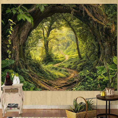 Kanuyee Tapiz de bosque verde, tapiz de paisaje para pared, tapices de naturaleza para techo y pared, colgante para dormitorio, sala de estar,