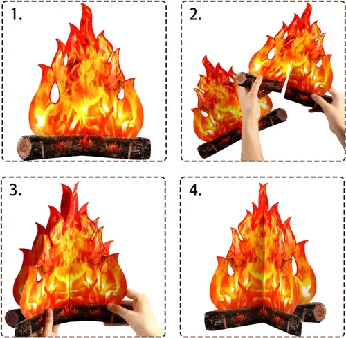 Miniatura 3 de Boao 2 juegos de fuego falso, llama falsa, decoración de campamento, pieza central de fogata de cartón 3D, llamas artificiales, decoración de fiesta