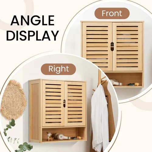 Miniatura 5 de Armario de almacenamiento de bambú montado en la pared con puerta, organizador de pared de baño con estantes, gabinete de almacenamiento colgante
