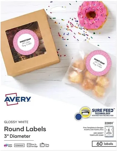 Miniatura 16 de Avery Etiquetas redondas imprimibles con Sure Feed, 2.5" de diámetro, blanco brillante, 90 etiquetas personalizables (22830)