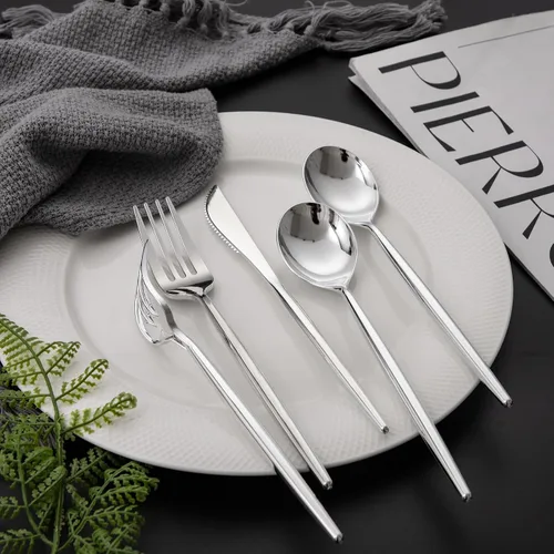 Miniatura 5 de LIYH 102 piezas de cubiertos de plástico plateado – Juego de cubiertos de plástico de alta resistencia, utensilios desechables, cuchillos, 102 plata