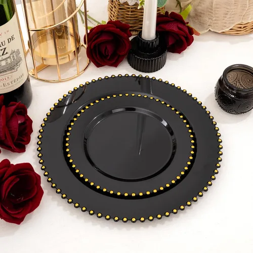 Miniatura 9 de supernal 100 piezas Platos de plástico negros y dorados, platos desechables negros, suministros de fiesta de Halloween que incluyen 50 platos