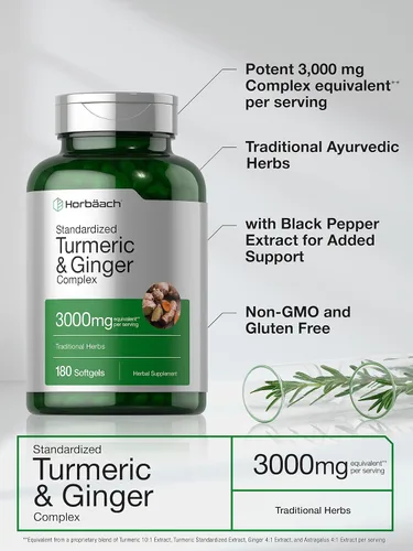Miniatura 3 de Horbäach Suplemento de cúrcuma y jengibre 3000 mg 180 pastillas de gel blando con extracto de pimienta negra Suplemento sin OMG, sin gluten