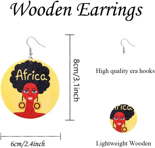 Miniatura 5 de BOMAIL - 20 pares de aretes de madera africana para mujer, redondos, pintados, con estilo étnico