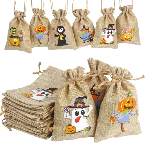LOKIPA 36 bolsas de regalo de arpillera de Halloween con cordón pequeñas bolsas de yute para niños y adultos, suministros de fiesta