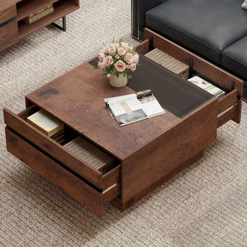 Miniatura 3 de WAMPAT Mesa de centro moderna, mesa de centro cuadrada para sala de estar con parte superior de vidrio templado y dos grandes cajones