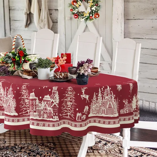 Miniatura 21 de Mantel rectangular de Navidad de 60 x 84 pulgadas, mantel de decoración navideña de alce, poliéster, impermeable y resistente a las arrugas, mantel