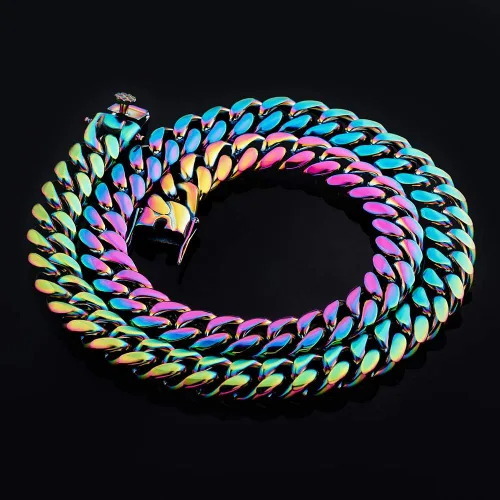 Miniatura 6 de TOPGRILLZ Collar de eslabones cubanos coloridos de 0.399 in de acero inoxidable sólido arco iris oro plata hip hop Miami cubano grueso collar