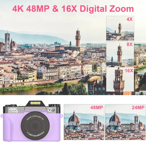 Miniatura 2 de Cámaras digitales para fotografía, cámara de videoblogs 4K de 56 megapíxeles con zoom digital 16X, enfoque manual recargable, cámara compacta