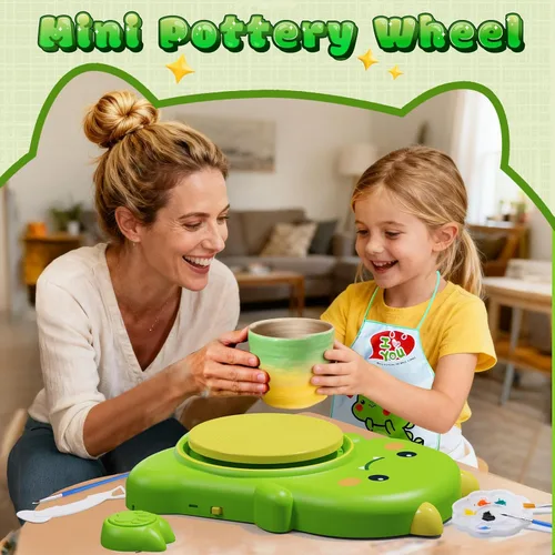 Miniatura 4 de Skirfy Mini Kit de Rueda de Alfarería para Principiantes Niños, Rueda Eléctrica de Cerámica con Pedal de Pie y Kit de Pintura, Velocidad Ajustable