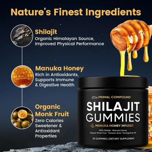 Miniatura 2 de Gomitas de Shilajit de compuesto primario para hombres, con miel de manuka, fruta de monje orgánica y ácido fúlvico, suplementos de gomitas