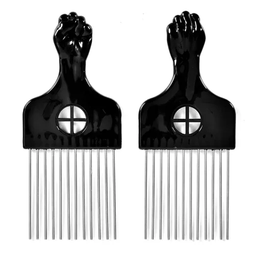 Paquete de 2 púas para cabello afro, rizado, herramientas de peluquería de metal para mujeres y hombres (negro)